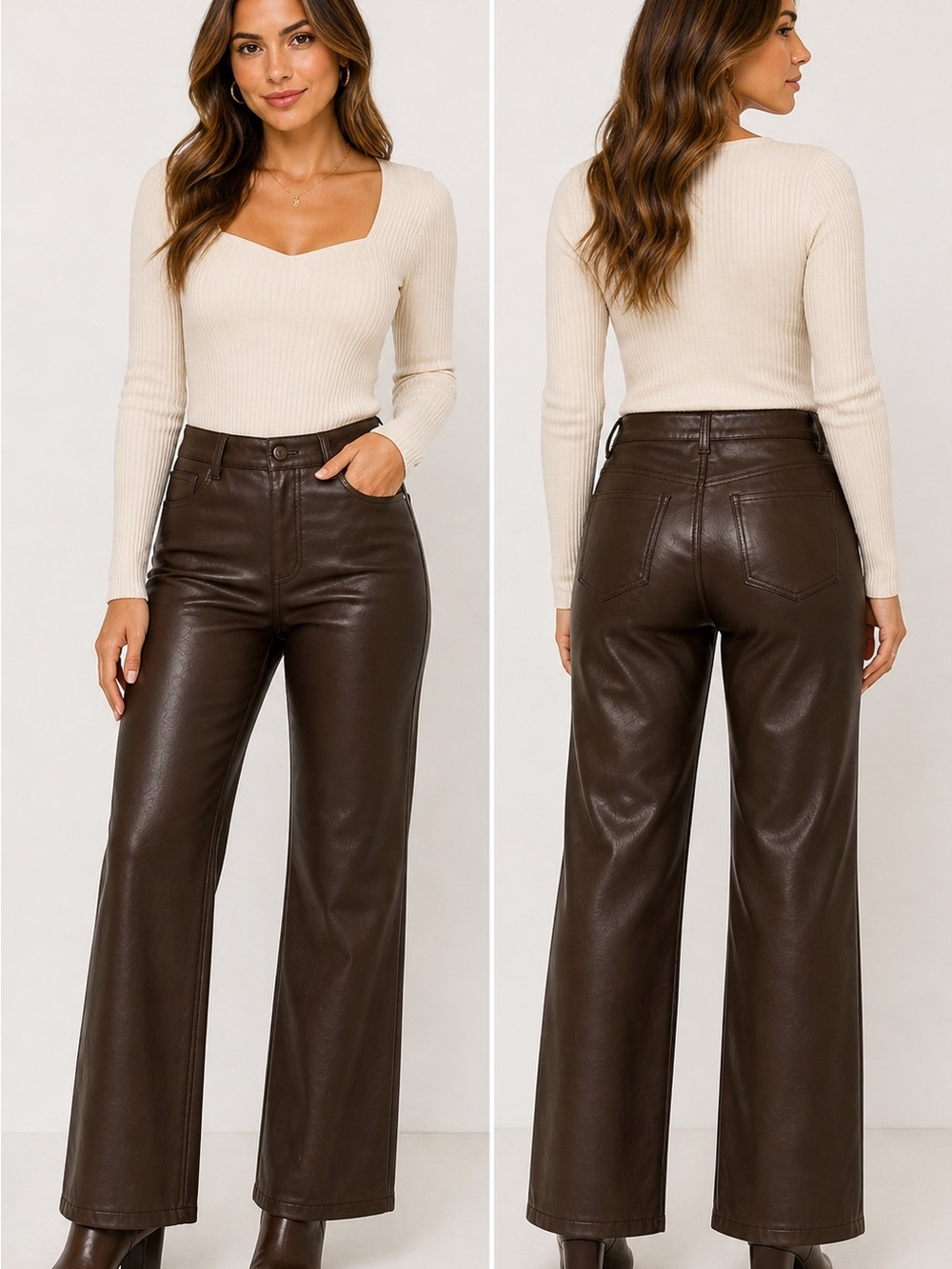 kathy ireland Chocolate Brown Faux Leather Straight Leg Pants